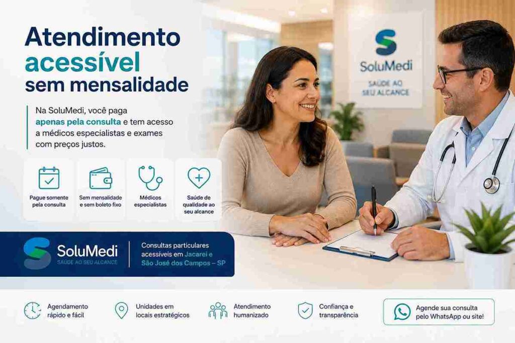 Levar para link do site Mulher utilizando celular para agendar consulta médica em clínica moderna da SoluMedi, destacando atendimento acessível sem mensalidade em Jacareí e São José dos Campos.