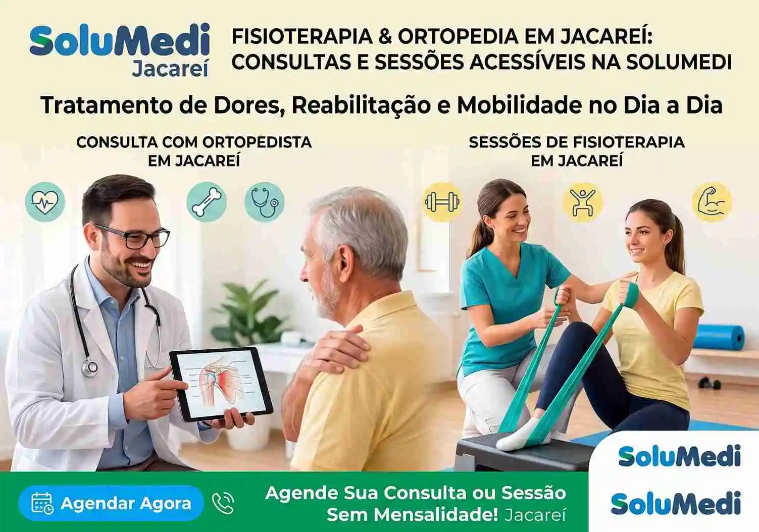 Um banner horizontal da SoluMedi Jacareí para fisioterapia e ortopedia. No centro, o título 'FISIOTERAPIA & ORTOPEDIA EM JACAREÍ: CONSULTAS E SESSÕES ACESSÍVEIS NA SOLUMEDI' e o subtítulo 'Tratamento de Dores, Reabilitação e Mobilidade no Dia a Dia'. O lado esquerdo mostra um médico ortopedista sorrindo e segurando um tablet com uma imagem da anatomia da coluna vertebral, ao lado de um paciente mais velho segurando o ombro e com um ponto de dor em vermelho na região. O lado direito mostra uma fisioterapeuta auxiliando uma jovem paciente a usar faixas de resistência sentada em um step de exercícios. O rodapé verde exibe 'Sem Mensalidade', 'Sem Carência', e 'Agendamento Rápido'. O botão 'AGENDAR AGORA' e ícones de localização e telefone estão à direita. O logotipo da SoluMedi está em ambas as pontas. A imagem é um único design coeso.